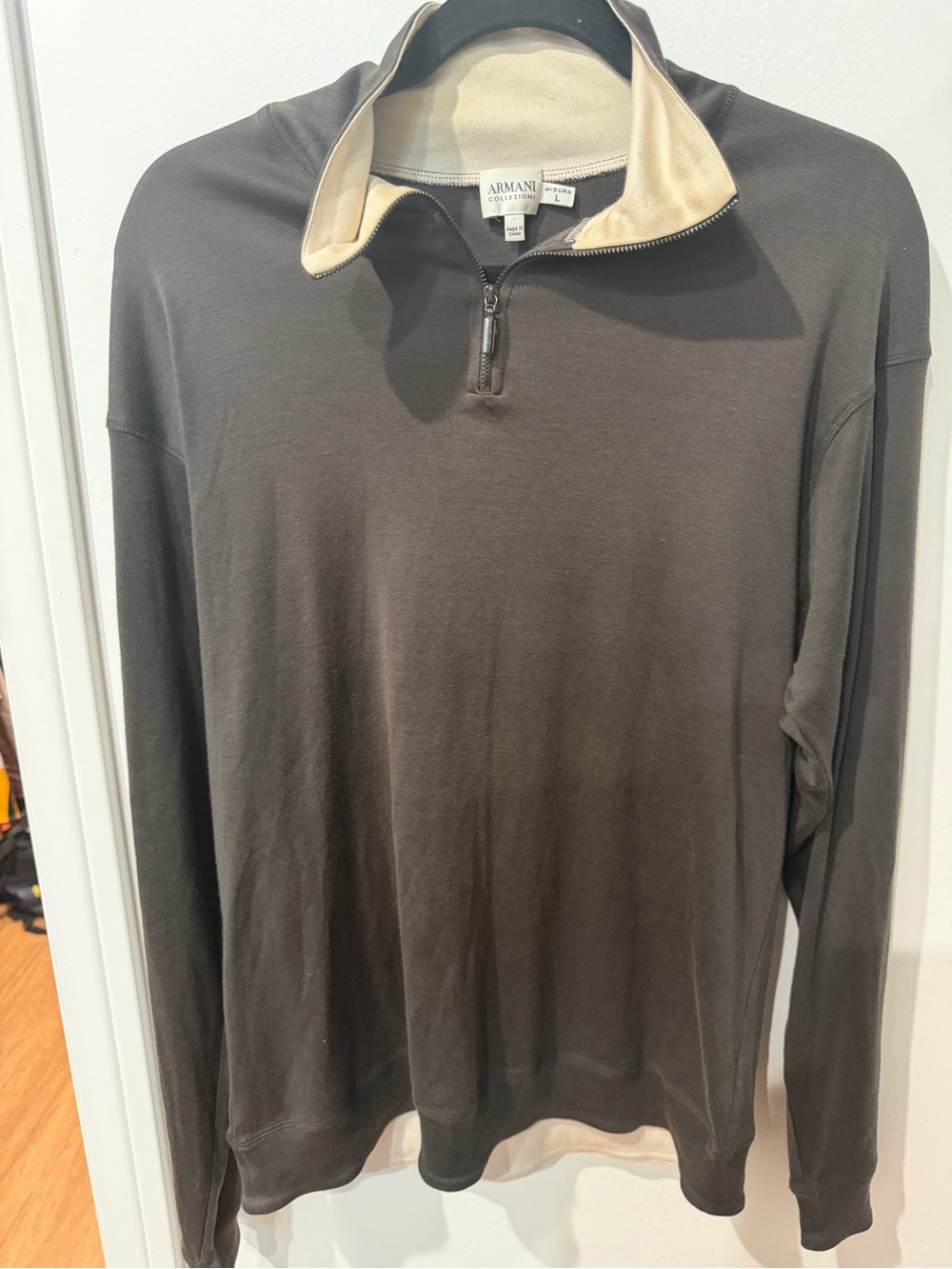 Armani Collezioni Men's Brown Half-Zip Sweater with Cream Collar